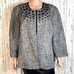 Dress Barn Grey Textured Open-Front Jacket with Black Beaded Trim